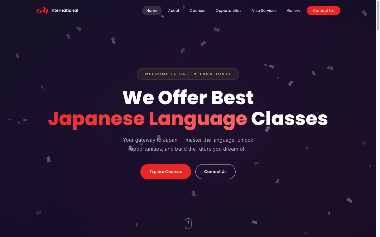 G&J International homepage with a large headline advertising Japanese language classes